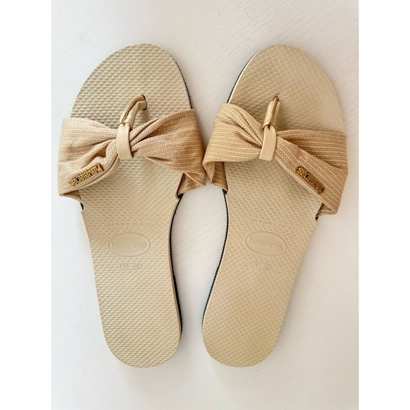 Havaianas Shoes - Havaianas You St. Tropez Shine Gold Denim Bow Flip Flop Thong Sandals Beach 9 10